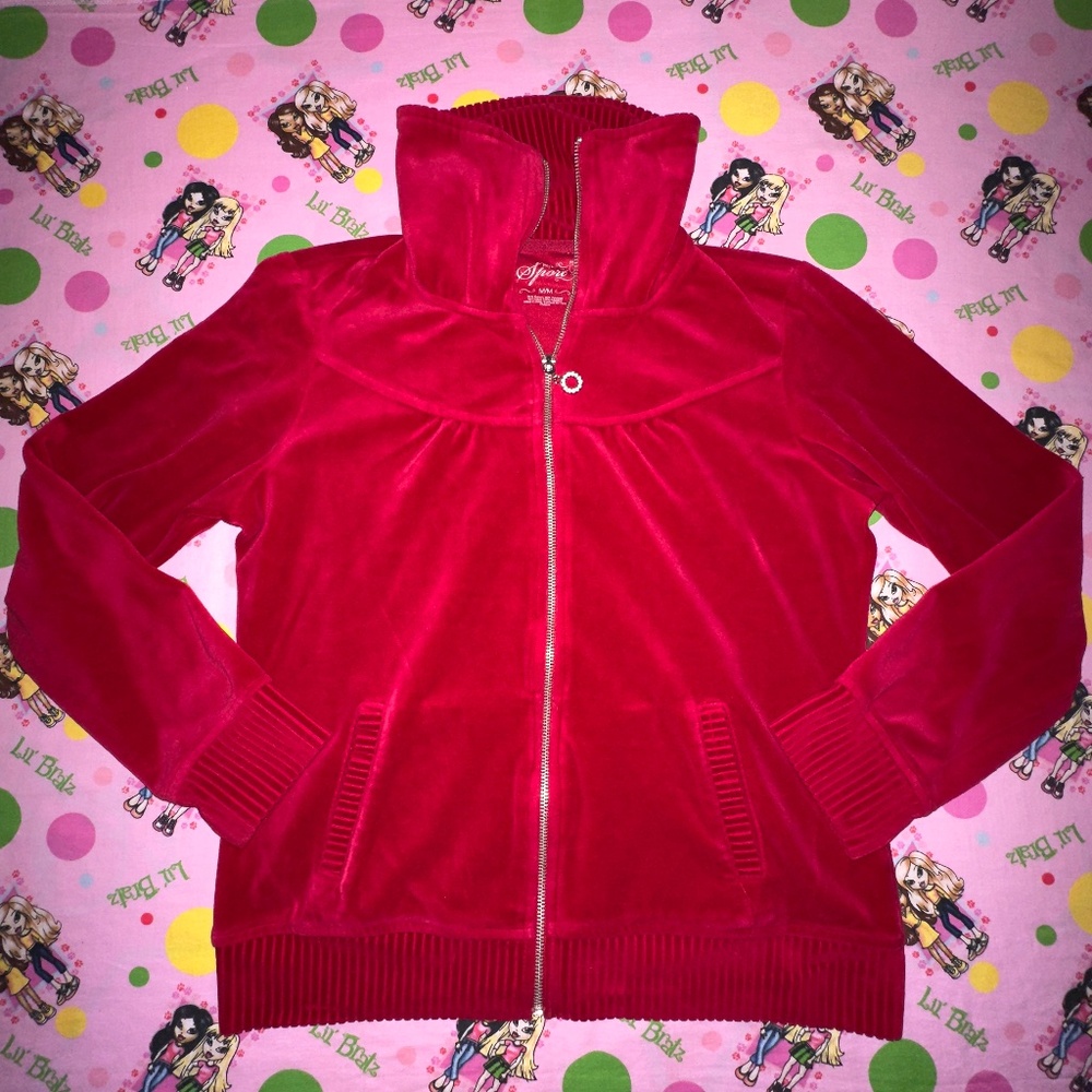 y2k red velour zip sweatshirt